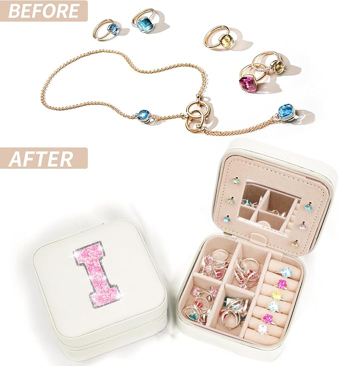 Personalized Jewelry Case for Women Girls - Fashion Mini Jewelry Boxes - Trendy Travel Jewelry Organizer with Initials Letter - Teen Gifts | Cream,I
