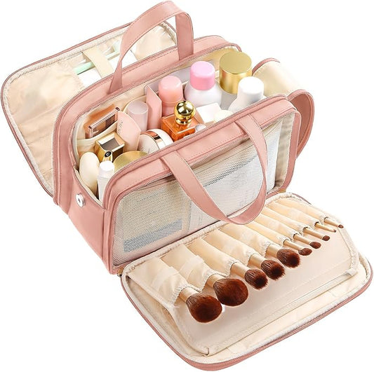 Large Travel Toiletry Bag with Makeup Brush Holder, 25 Pockets, Double Reinforced Handles & Luggage Sleeve, Waterproof PU Leather Cosmetic Organizer (Pink)