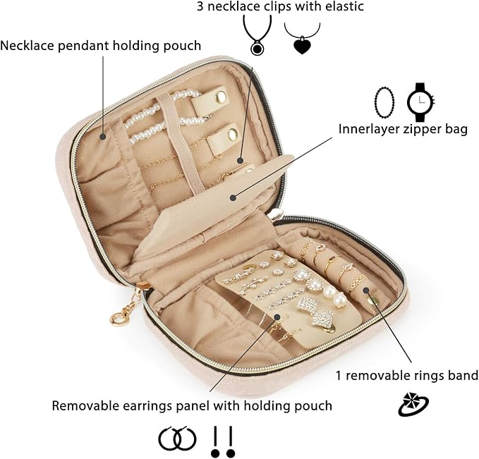BAGSMART Travel Jewelry Organizer Case Small Jewelry Roll for Journey-Rings, Necklaces, Earrings, Bracelets, Soft Pink