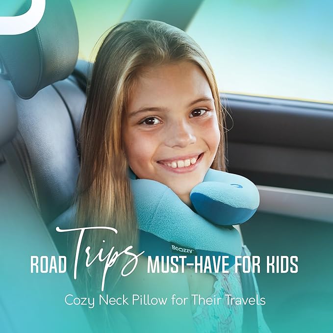 BCOZZY Kids Chin Supporting Travel Pillow for Ages 8–12- Patented Soft Neck Pillow for Head and Chin Support in Car Seat and Airplane. Comfortable Travel Essential. Small Size, Bag, Light Blue
