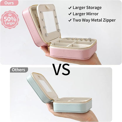 Genuine Leather Travel Jewelry Organizer Case with Mirror for Women, Small Mini Portable Jewelry Box for Ring Earrings Necklace Bracelet Luxury Gift for Women（Cyan）