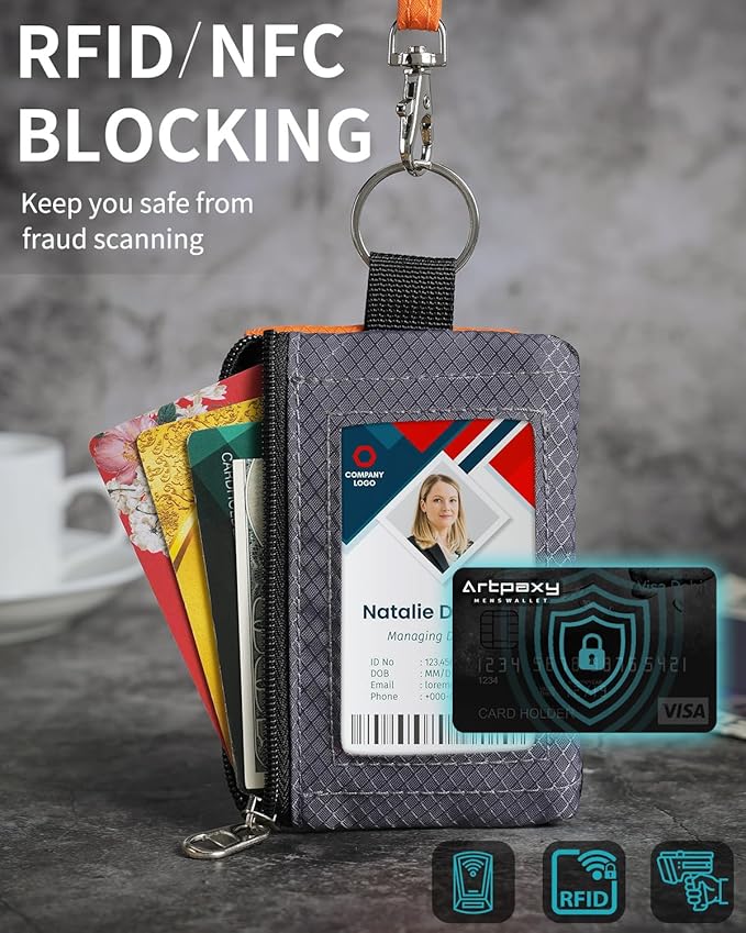 Minimalist Wallet For Mens Womens, Keychain RFID Blocking Zipper Small Wallet with ID Window 2 Lanyards,Water Resistant Travel Cash Card Coin Case Boys Girls