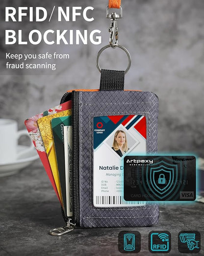 Minimalist Wallet For Mens Womens, Keychain RFID Blocking Zipper Small Wallet with ID Window 2 Lanyards,Water Resistant Travel Cash Card Coin Case Boys Girls