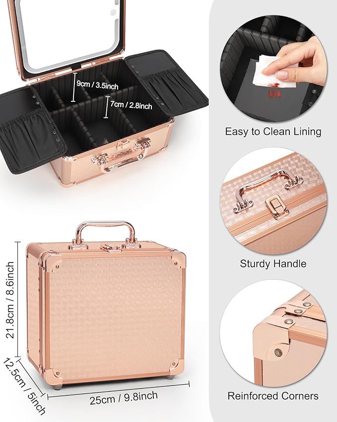 Relavel Makeup Bag with LED Mirror, Makeup Box Travel Train Case with Rechargeable Lighted Mirror, Cosmetic Brush Organizer Storage for Makeup Artists Gifts for Women and Girls, Rose Gold