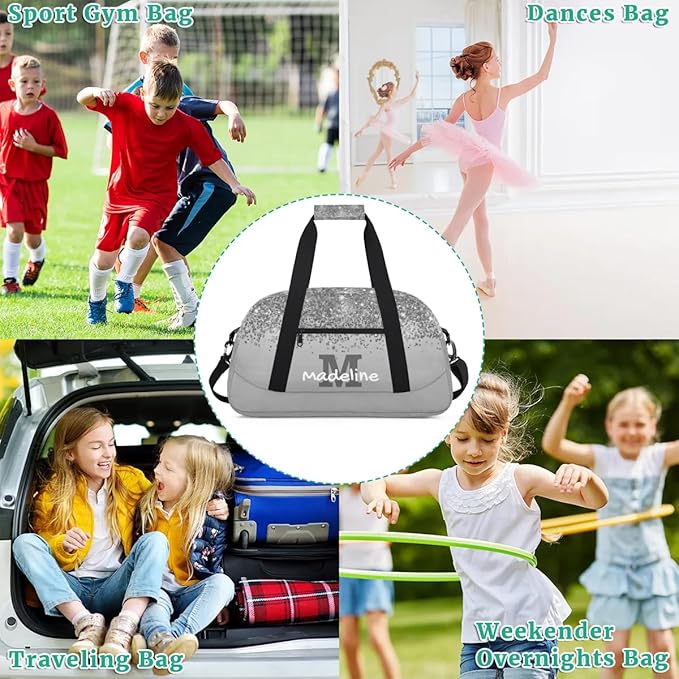 Personalized Kids Sports Duffel Bag with Name Custom Weekender Overnight Bag for Boys Girls Gym Bag Travel Dance Gymnastics Duffel Bag, Gray Glitter