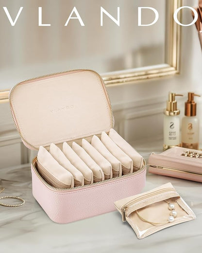 Vlando Jewelry Box with 8 Velvet Jewelry Bags Travel Jewelry Case for Women Girls Jewelry Organizer Necklace Rings Earrings Bags Gift Ideas for Christmas Birthday Bride (Pink)
