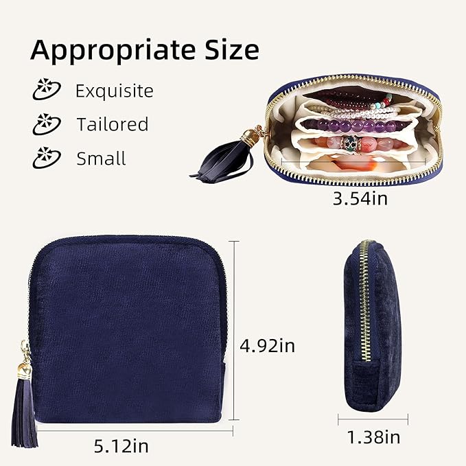 shunmei Small Travel Jewelry Case Mini Travel Jewelry Bag Portable Organizer Storage Pouch for Necklaces, Earrings, Rings, Bracelets, Crystal, Travel Accessory Gifts for Women Girls-Navy Blue