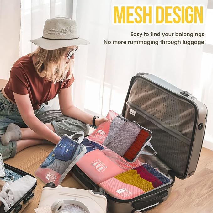 Compression Packing Cubes 8 Set, Dual Zipper Compression Packing Cubes for Travel, See-Through Mesh Packing Bags for Suitcases, packing cubes with shoe bag (Pink)