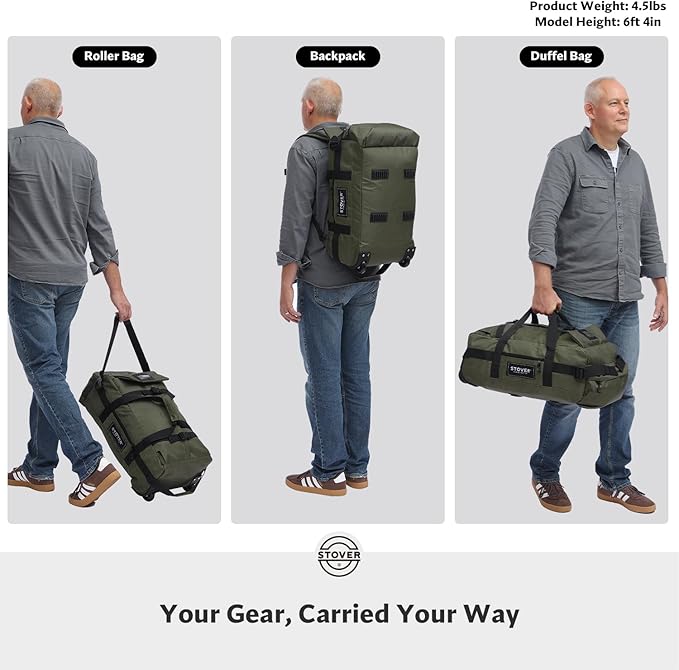 STOVER 45L Carry-On Rolling Duffel Bag with Wheels, Medium Durable Travel Duffle w/Toiletry Bag, Heavy-Duty, Packable, Foldable with Shoulder Straps- Use as Luggage or Backpack, Men/Women (Green)