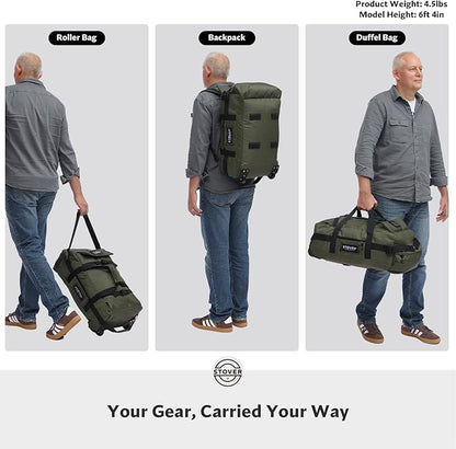 STOVER 45L Carry-On Rolling Duffel Bag with Wheels, Medium Durable Travel Duffle w/Toiletry Bag, Heavy-Duty, Packable, Foldable with Shoulder Straps- Use as Luggage or Backpack, Men/Women (Green)