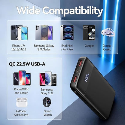 Portable Charger, 10000mAh Slim Power Bank Portable Phone Charger 22.5W PD QC Fast Charging with 3 Outputs 2 Inputs Battery Pack Compatible with iPhones Samsung Google Pixel LG Moto More Devices,Black