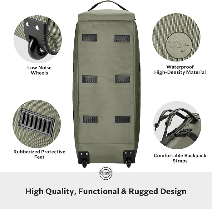 STOVER 80L Rolling Duffel Bag with Wheels, Large 31 Inch Durable Travel Duffle + Toiletry Bag, Heavy Duty, Packable, Foldable w/Shoulder Straps- Use as Luggage or Backpack, Men/Women (Green)
