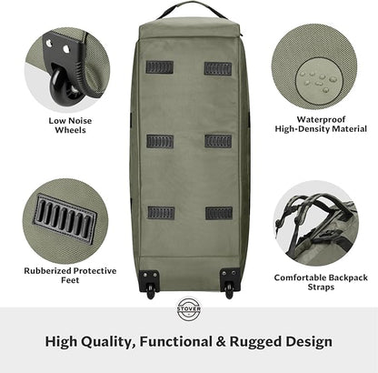 STOVER 80L Rolling Duffel Bag with Wheels, Large 31 Inch Durable Travel Duffle + Toiletry Bag, Heavy Duty, Packable, Foldable w/Shoulder Straps- Use as Luggage or Backpack, Men/Women (Green)