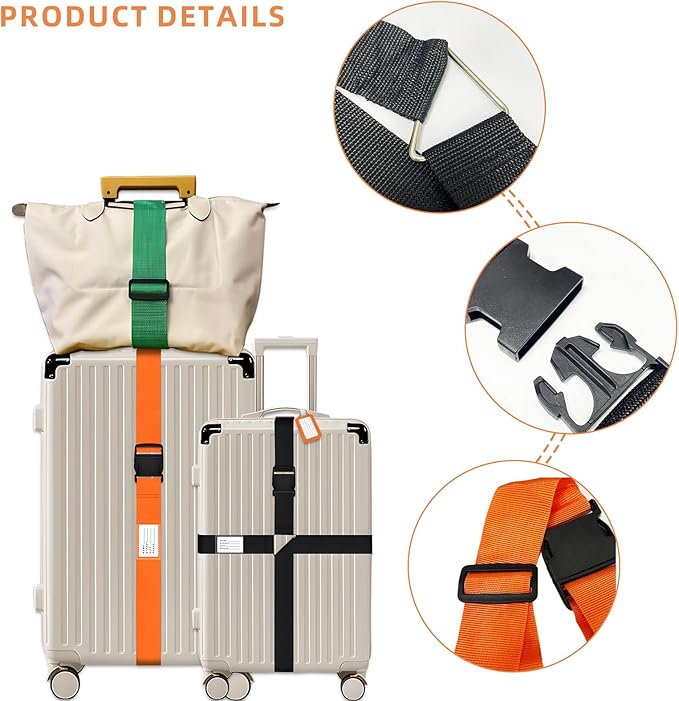 8 pcs Luggage Straps, CNYMANY 2-in-1 Travel Belt Add a Bag Luggage Strap, Adjustable Luggage Straps for suitcases Over Handle for Carry On Bag Airport Travel Accessories - Orange, Green, Black
