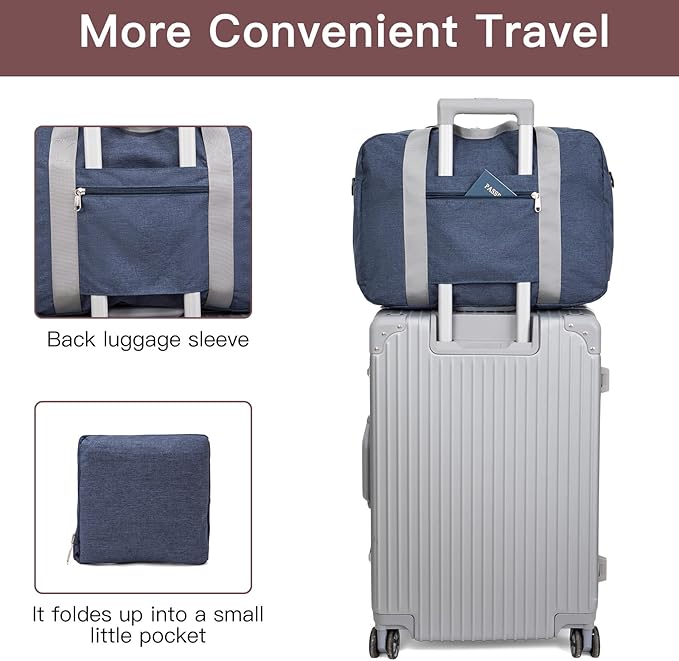 For Spirit Airlines Personal Item Bag 17.7x12.6x6.3 Foldable Travel Duffel Bag Underseat Carry-on Luggage for Women and men 25L(Navy Blue)