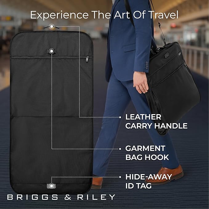 Briggs & Riley Classic Garment Bag for Hanging Clothes - Suit & Dress Travel Bag for Men & Women, Wrinkle Reducing Luggage for Shirts, Tuxedos, & Coats, Smooth Zipper - Baseline Collection, Black