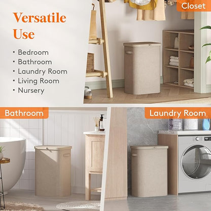 Lifewit 85L Laundry Basket with Lid, Large Laundry Hamper with Plastic Handles and Removable Bag, Foldable Tall Dirty Clothes Hampers for Laundry for Laundry Room, Bedroom, Bathroom, Dorm, Beige