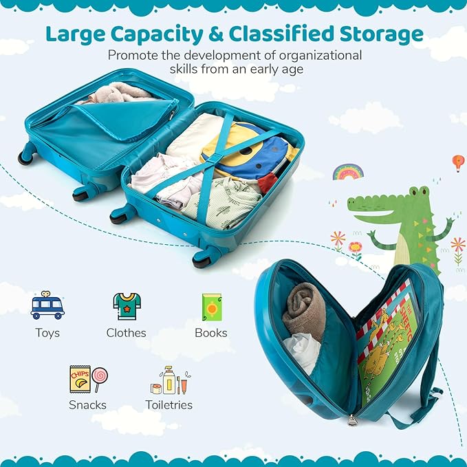 HONEY JOY Kids Luggage, Travel Backpack & Hard Shell Toddler Suitcase, Children Rolling Luggage with Wheels, Retractable Handle & 4 Casters, 2Pcs Carry On Luggage Set for Boys Girls(Racing Car)