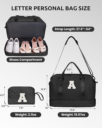 Birthday Gifts-for Women-Initial Duffle Bag with Shoe Compartment, Personalized Weekender Bag, Monogram Overnight Bag, Letter Travel Bag with Makeup Bag，Friend Wife Birthday Gift (Letter C)