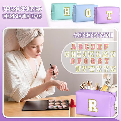 TOPEAST Initial Makeup Bag for Travel, Chenille Letter Pouch Cosmetic Bag, PU Leather Waterproof Toiletry Bag, Personalized Gifts for Bride Bridemaids, Cute Things for Girls (Purple Q)