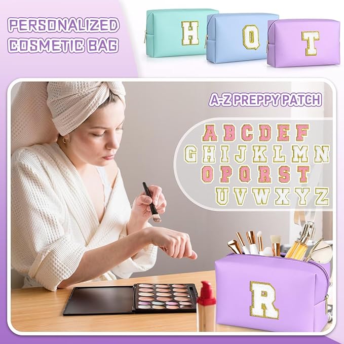 TOPEAST Preppy Makeup Bag, Cute Makeup Pouch PU Leather Waterproof Cosmetic Bag, Personalized Birthday Gifts for Mom Teacher Friends Bridesmaids Nurse, Trendy Stuff for Girls (Purple I)