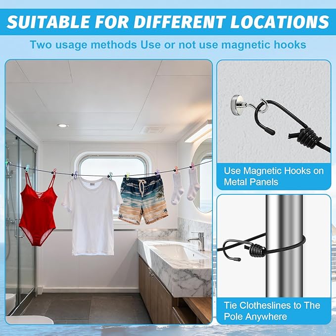 Travel Clothesline for Cruise Retractable Clothesline with 12 Clothesline Clips 2 Strong Magnets Hooks 4 Luggage Tags Camping Portable Clothesline for Hotel Room RV Indoor Cruise Ship Essentials 2025