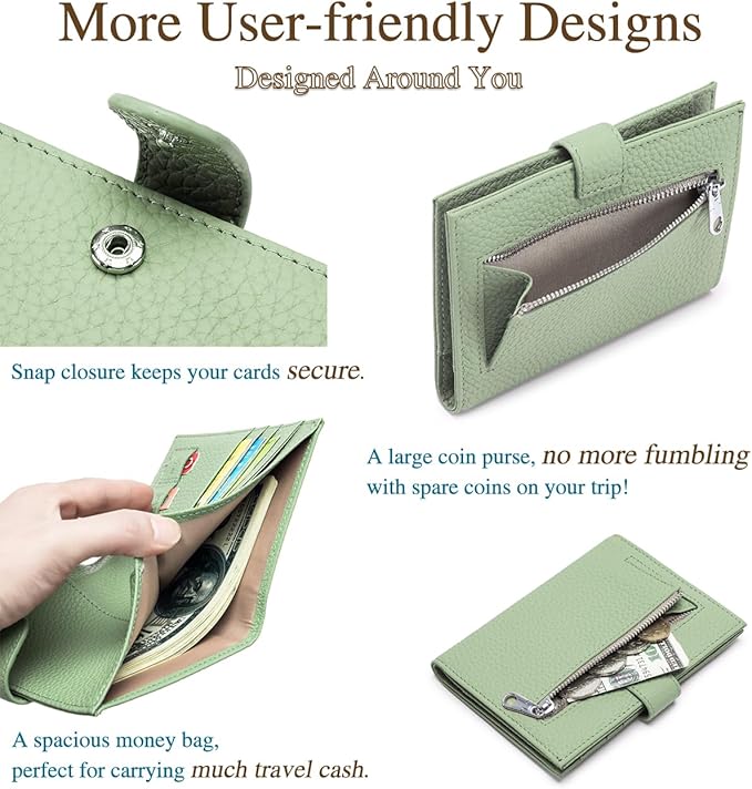 RFID Leather Passport Holder for Travel Women – Slim Passport Wallet with 1 Passport Slot & 3 Card Slots, Zippered Coin Pocket & SIM Slot – Travel Passport Cover Case (Light Green)