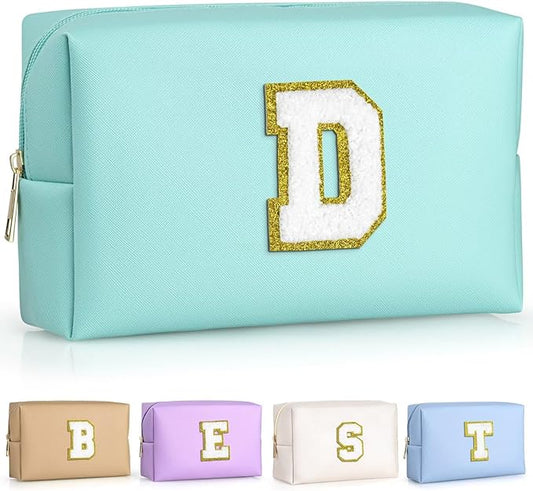 TOPEAST Preppy Small Makeup Bag, Chenille Letter Pouch Cosmetic Bag With Zipper, PU Leather Waterproof Toiletry Bag, Personalized Birthday Gift for Women, Cute Stuff for Girls (Blue D)