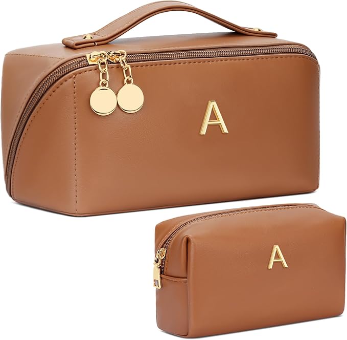 Birthday Gifts for Women Teen Girl, Personalized Initial Makeup Organizer Bag Set, Open Flat Travel Cosmetic Bag With Clear Divider and Handle(Brown,A)