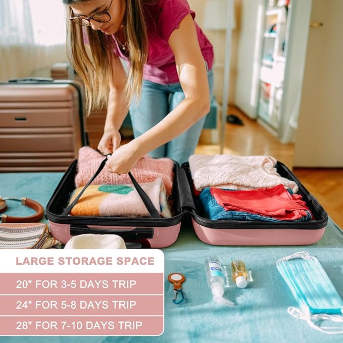 Kono 4 Piece Luggage Sets Expandable(only 28") with Spinner Wheels TSA Lock Lightweight PC+ABS Hardside Travel Rolling Suitcases 20in 24in 28in Carry on and 12in Mini Cosmetic Case Nude/Rose Pink