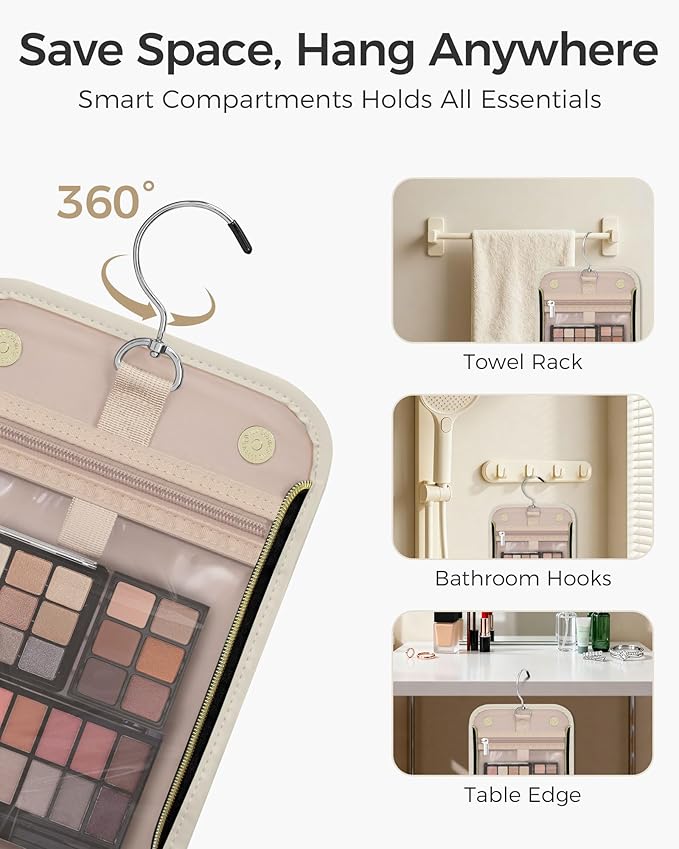 Hanging Toiletry Bag, PU Leather Makeup Bag Large Capacity with Jewelry Organizer for Brushes Set, Cosmetic Accessories, Beige