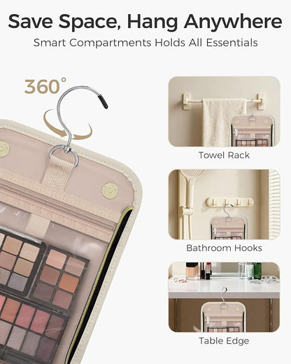 Hanging Toiletry Bag, PU Leather Makeup Bag Large Capacity with Jewelry Organizer for Brushes Set, Cosmetic Accessories, Beige