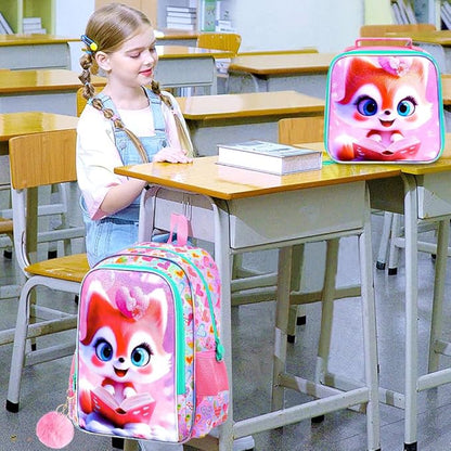 WZLVO 3PCS Girls Fox Backpack Set, 16" Glittery UV Printing Kids Bookbag/School Bag with Lunch Box & Pencil Bag for Preschool to Elementary - Reading Fox Pink