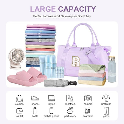Dance Gym Duffel Bag for Teen Girls, Personalized Initial Travel Weekender Bag,Cute Overnight Carry On Duffle for Women,Sports Travel Cheer Bag,Monogram Christmas Gifts for Tween Preppy(purple-R)