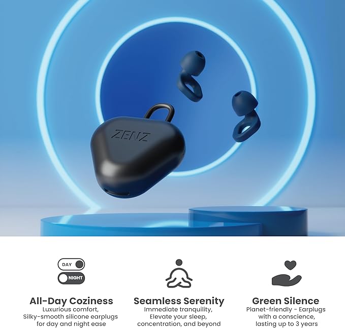 Zenz Unwind Ear Plugs for Sleeping Noise Reduction - Comfy Reusable Soft Silicone Earplugs for Focus, Study, Work - 8 Pair Eartips in XS/S/M/L - 27dB Hearing Protection with Storage Case - Lagoon navy