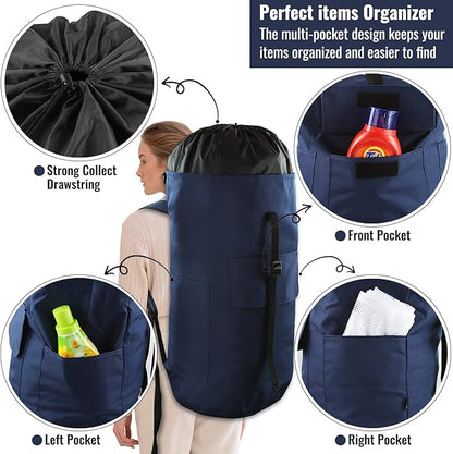 Laundry Bag Backpack, 125L Extra Large Travel Laundry Bags with Shoulder Straps, Adjustable & Extendable Design, Laundry Hamper Bag with 3 Pockets for Laundromat, College, Travel, Camping