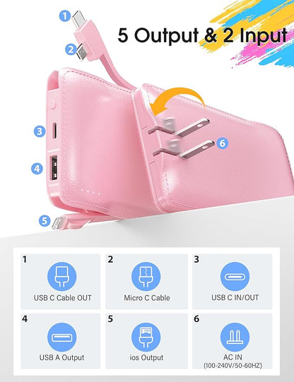 TG90° 2 Pack Slim 10000mAh Power Bank Built-in Foldable AC Wall Plug and Cables,Ultra Compact Cell Phone Charger,Pocket Size USB C Portable Charger Compatible with iPhone Samsung,Black & Pink