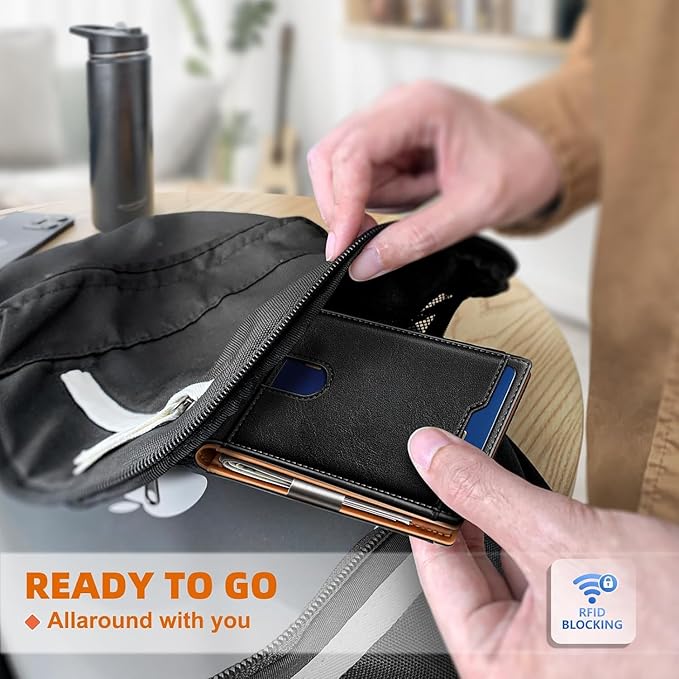 Genuine Leather Wallet for Men, Slim Bifold RFID Blocking with Zipper Coin Pocket, Minimalist Design for Travel and Daily Use (Carbon Fiber Black)