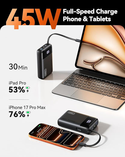 INIU 45W Portable Charger, Smallest 20000mAh Power Bank with Build in USB-C Cable, Fast Charging USB C in&Out Battery Pack, Travel Phone Charger for iPhone 17 16 15 Air Samsung S25 S24 Google iPad etc