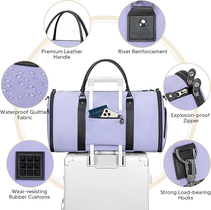 Garment Bag for Airplane Travel, Carry On Garment Duffle Bags for Women, 2 in 1 Travel Suit Bag with Shoes Compartment Carry on Bag Hanging Garment Bag Travel with Shoulder Strap,Purple