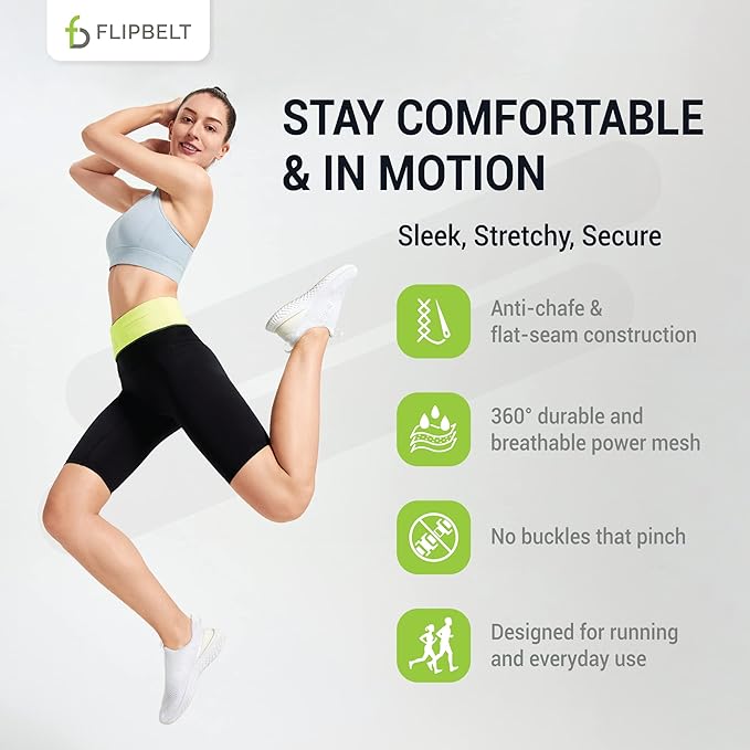 FlipBelt Lightweight Running Air Belt, Fitness and Running Fanny Pack for Women and Men, Non Chafing Waist Band Pack for Phone, Keys, Money, Moisture Wicking Storage Belt, USA Company
