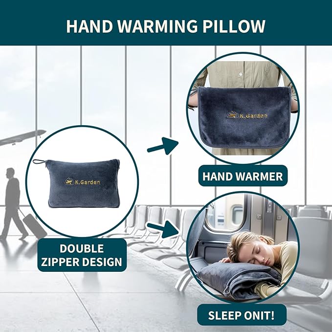 K.Garden Travel Cooling Blanket and Pillow- Soft 2 in 1 Airplane Compact Flight Essentials Car Pillow Travelers Gifts Accessories Compact Pack Blanket for Any Travel with Luggage Backpack Strap Grey