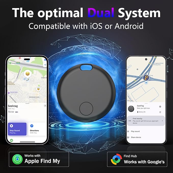 Air Tracker Tags-4 Pack Seektags [2025 Dual-System Compatible] for Apple Find My & Android Find Hub, 400 Days Battery with CR2032, 100dB Alarm, Compatible with iOS & Android for Keys Wallet Luggage