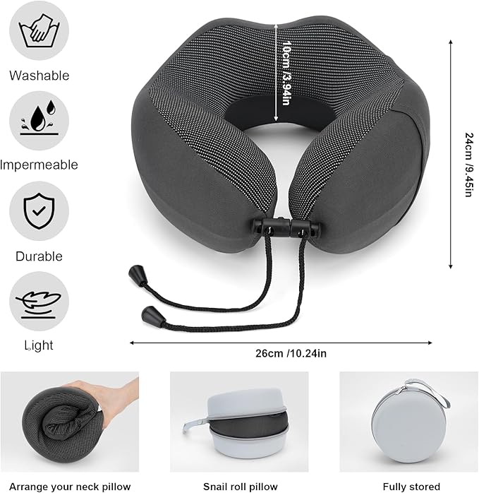Travel Neck Pillow - Memory Foam U-Shaped - Sleep Neck Pillow 360° Ergonomic Support, Washable Foldable with Storage Box - for Airplane, Car, Office, Home (Dark Gray)