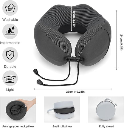 Travel Neck Pillow - Memory Foam U-Shaped - Sleep Neck Pillow 360° Ergonomic Support, Washable Foldable with Storage Box - for Airplane, Car, Office, Home (Dark Gray)
