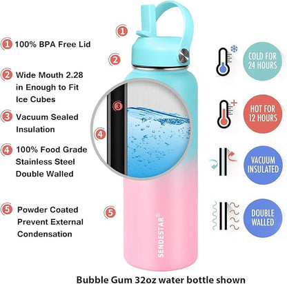 SENDESTAR Water Bottle 32oz Double Wall Vacuum Insulated Leak Proof Stainless Steel Sports Water Bottle—Wide Mouth with New Flex Straw Lid & Spout Lid (Bubble Gum)