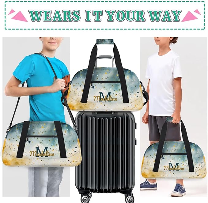 Personalized Kids Sports Duffel Bag with Name Custom Weekender Overnight Bag for Boys Girls Gym Bag Travel Dance Gymnastics Duffel Bag, Anstract Glitter Shiny Art