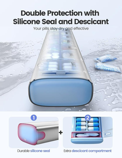 VAYDEER Metal Weekly Pill Organizer – Moisture-Proof Travel Pill Organizer with Built-in Desiccant Chamber and Airtight Lids – Large-Capacity Pill Box for Vitamins, Medicines & Supplements(Sliver)