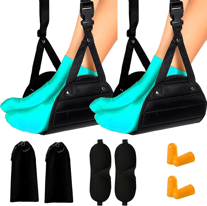 Airplane Foot Hammock, Ergonomic Foot Hammock for Plane Travel with Eye Mask and Earplugs (Memory Foam),Perfect Airplane Gadgets or Plane Travel Essentials to Relax Your Feet