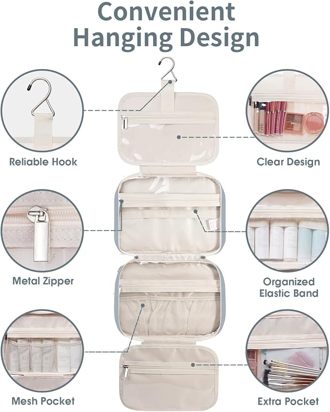 Narwey Travel Toiletry Bag for Women Large Hanging Makeup Bag Organizer Toiletries Bag for Full Size Essentials Accessories Cosmetics (Greyish Blue (Large))